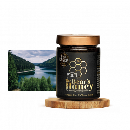 Ein Glas Griechischer Urwaldhonig (Rohhonig) auf einem Holzbrett neben einem Bild eines Urwaldes